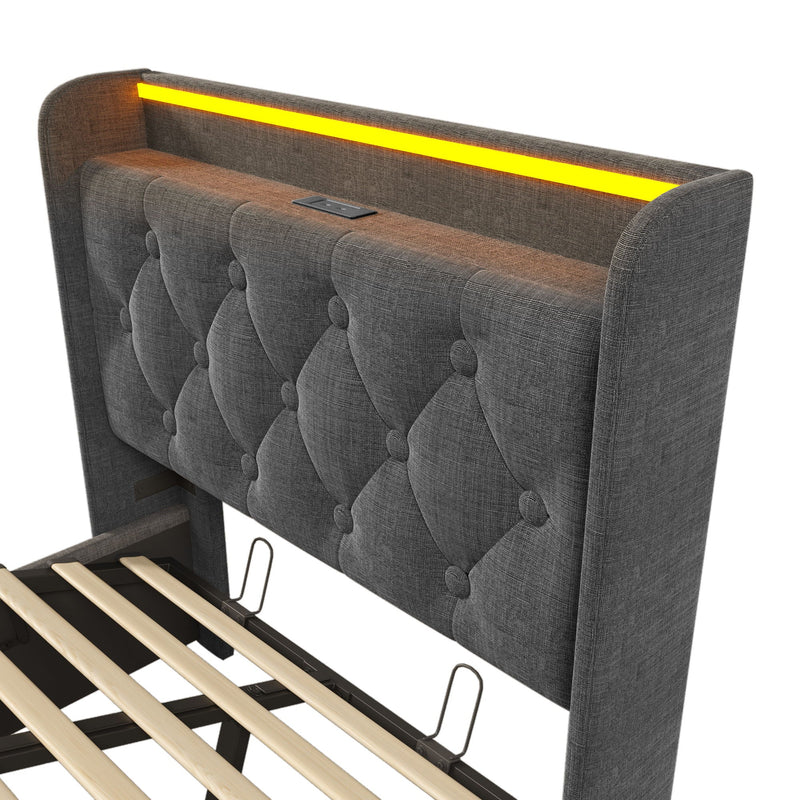 Upholstered Bed, 360 Surround LED Function, Remote Control, Hydraulic Storage Bed With USB, Type-C Charging (Without Mattress) by HouseOfZazla