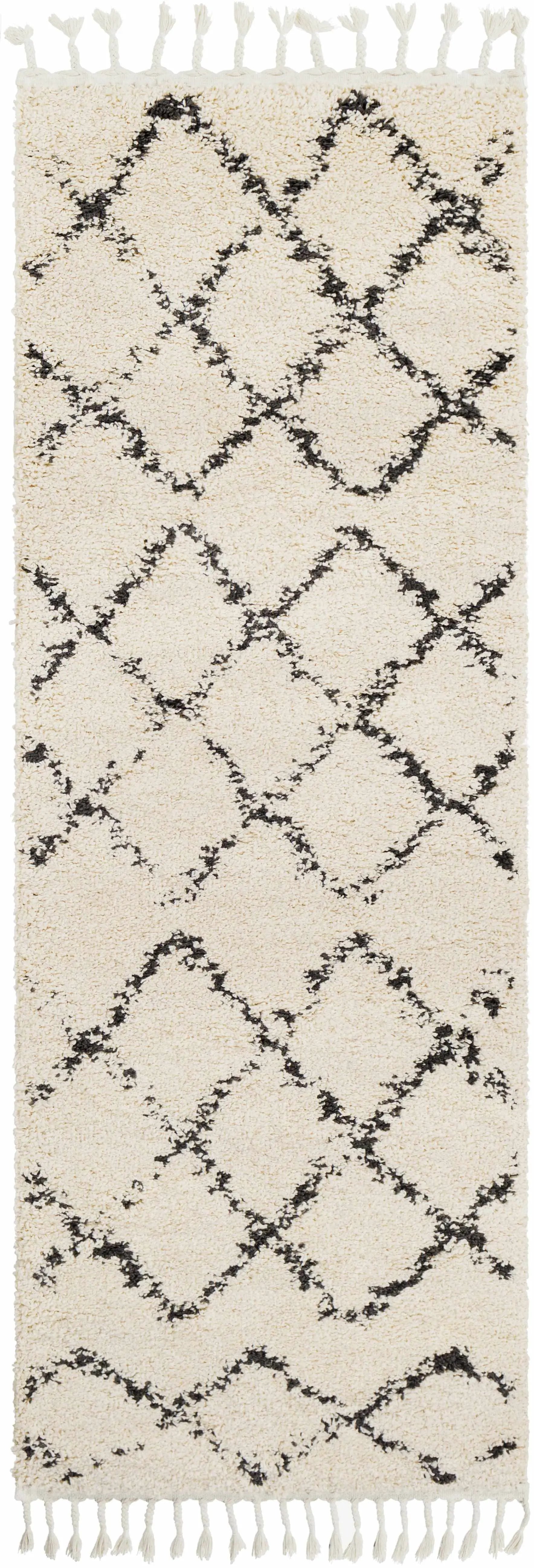 Wallagrass Beige/Black Trellis Tassel Shag by Hauteloom