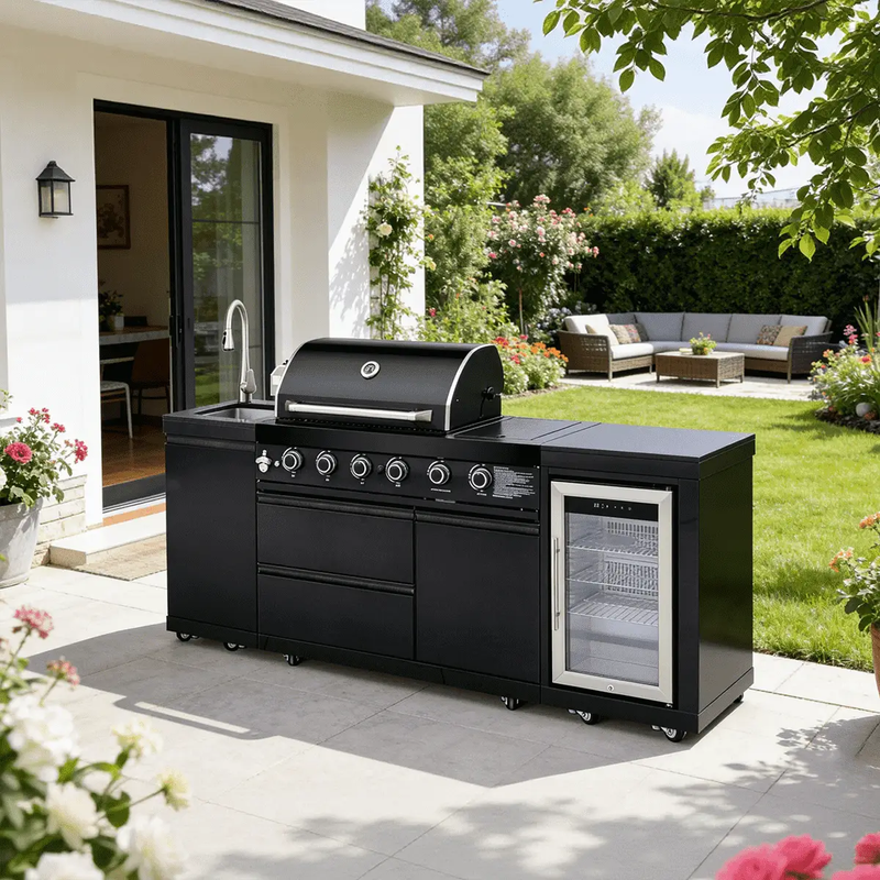 85.2" 4+1 Burner 71,500 BTU Black Outdoor Kitchen Island Grill+ Sink + Refrigerator by Chery Industrial