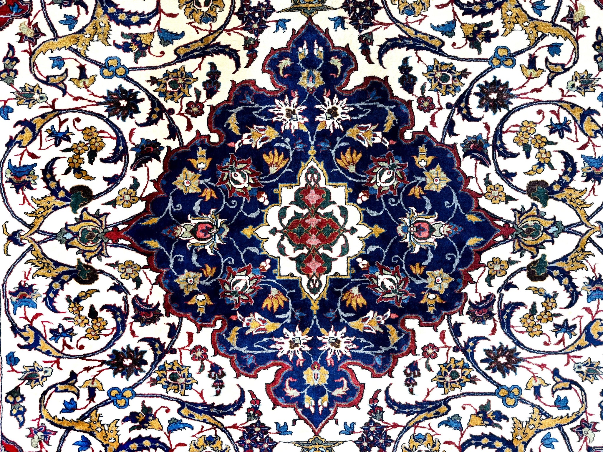 Wonderful Persian Isfahan Rug 7x9, Ivory Navy Blue Red, Floral Medallion, Very Finely Hand Knotted 260 KPSI, Handmade Wool Vintage Rug by Jewel Rugs