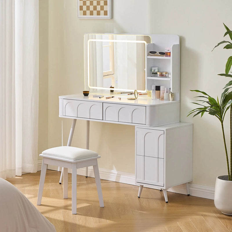 Modern Makeup Vanity Desk With LED Lights & Mirror 4 Drawer Dressing Table Set Space Saving For Bedroom - White by Unique Piece Furniture