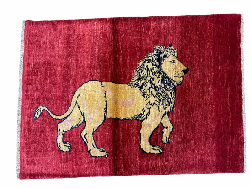 3 X 5 Handmade Hand-Knotted Quality Wool Rug New Vintage Lion Red Pictorial by Jewel Rugs