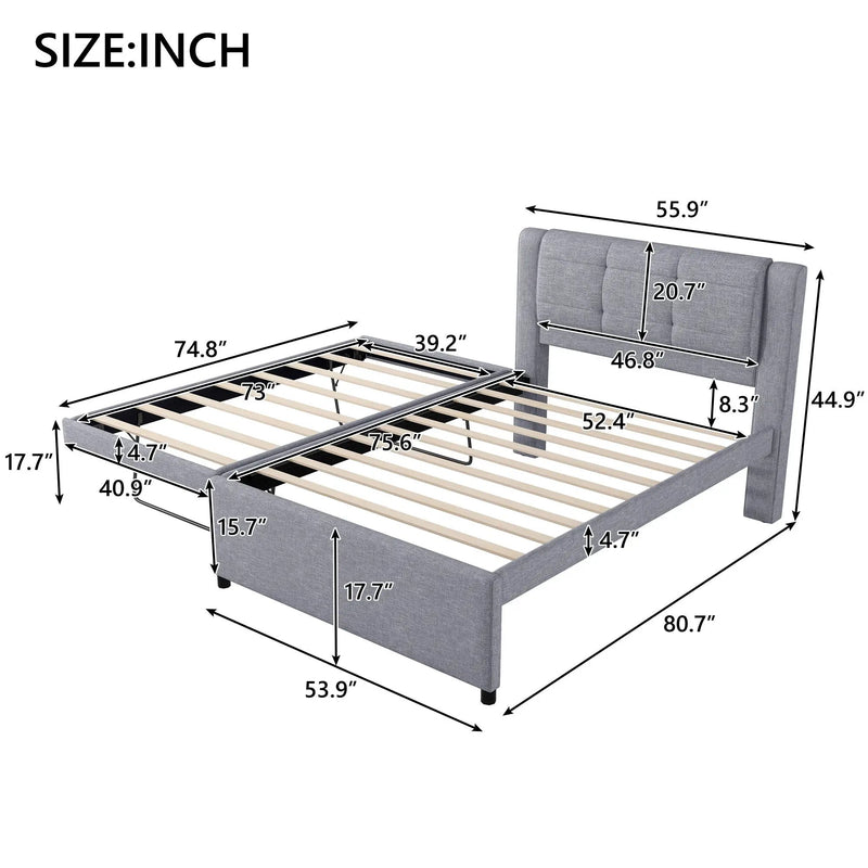 Upholstery Platform Bed With Trundle, Trundle Can Be Flat Or Erected by HouseOfZazla