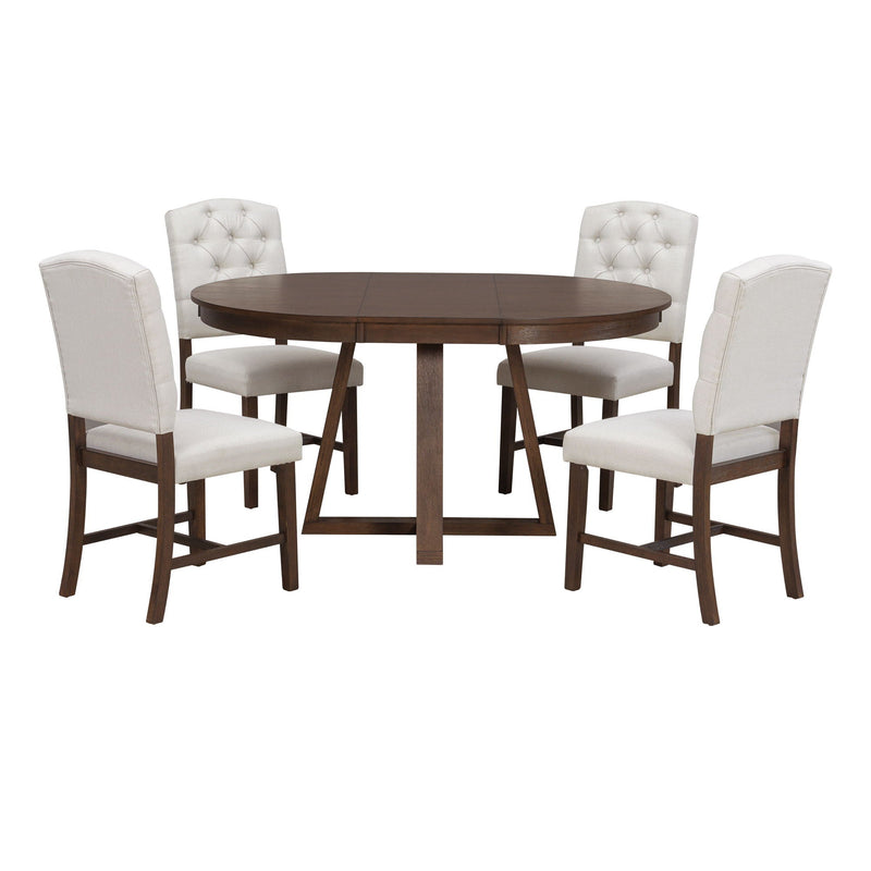 Dining Set With Leaf Round Table And 4 Upholstered Chairs