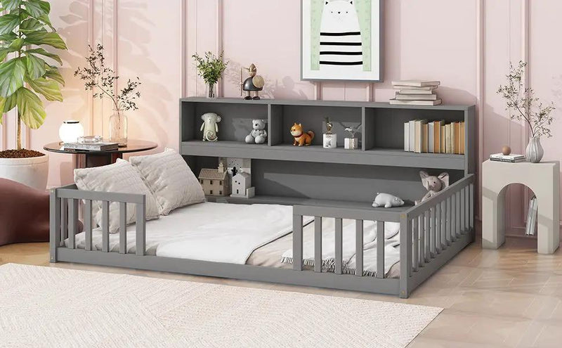 Floor Bed With Side Bookcase, Shelves, Guardrails by HouseOfZazla
