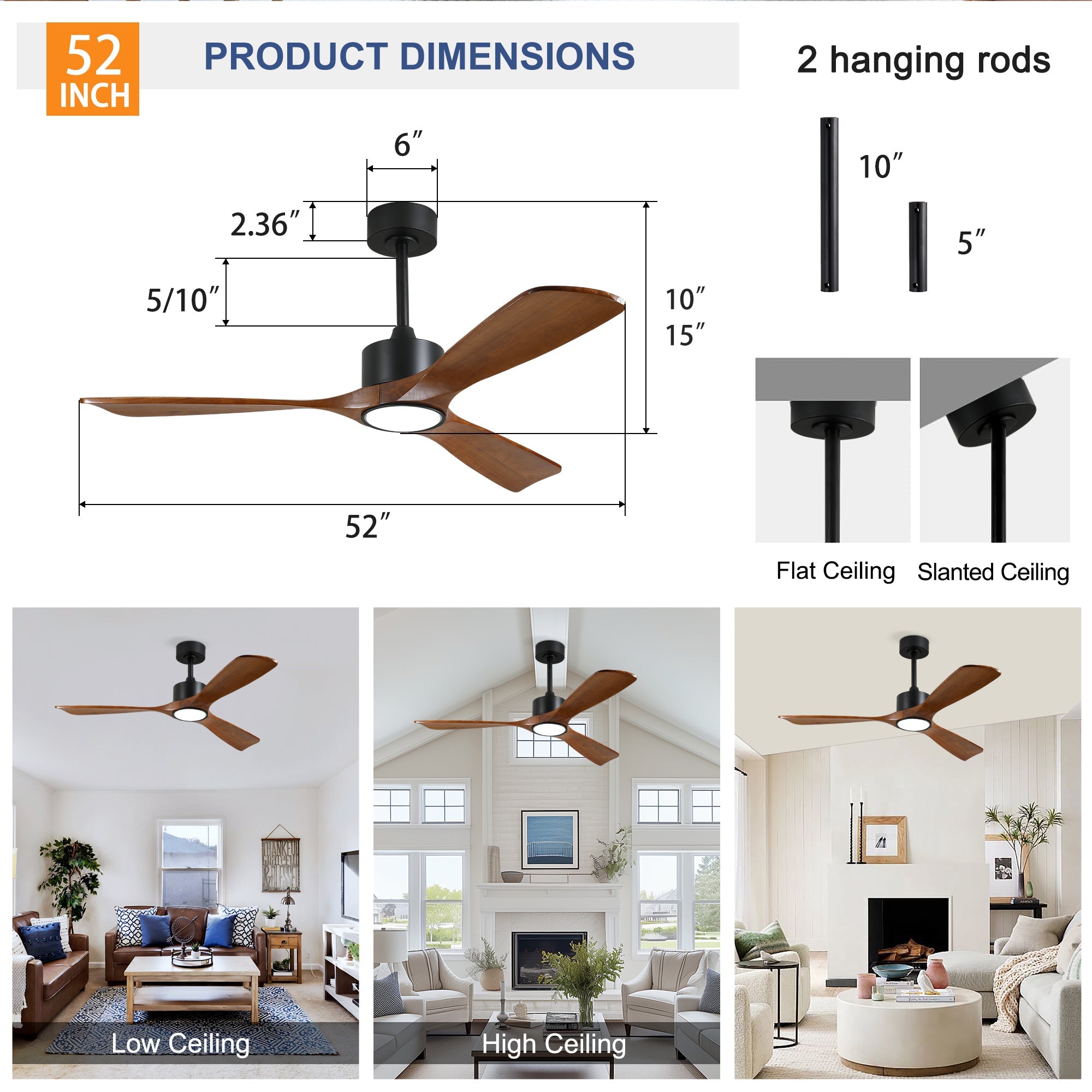 52 Inch Solid Wood Ceiling Fan with Light Kit and Remote Control by HouseOfZazla