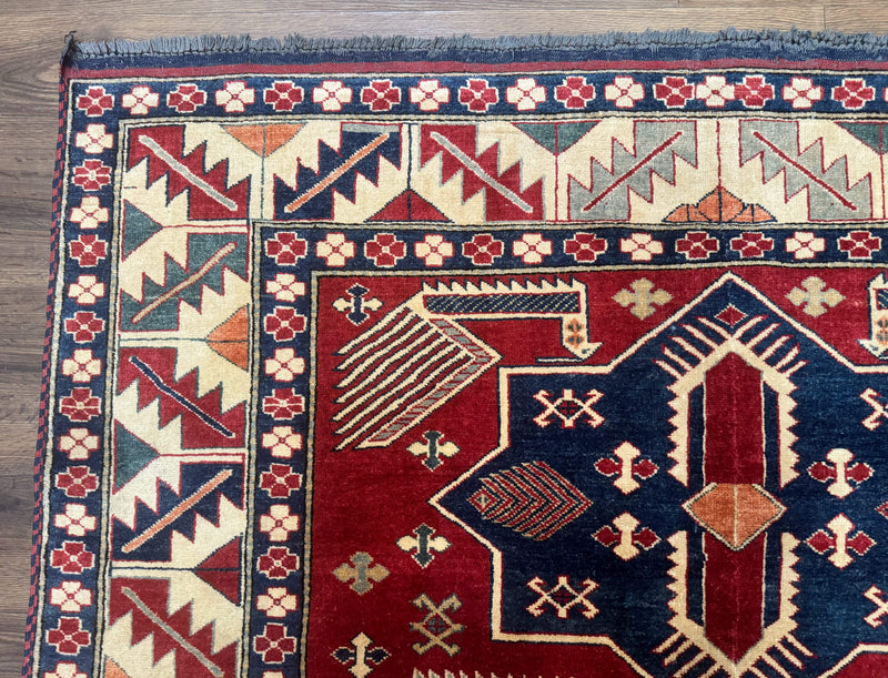 Turkish Kazak Rug 6x8, Caucasian Design, Geometric Medallions, Red Blue Beige by Jewel Rugs