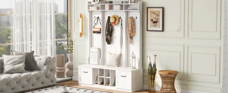 5 In 1 Entryway Bench With Coat Rack, 7 Sturdy Hooks, 2 Spacious Drawers And Adjustable Shelves by HouseOfZazla