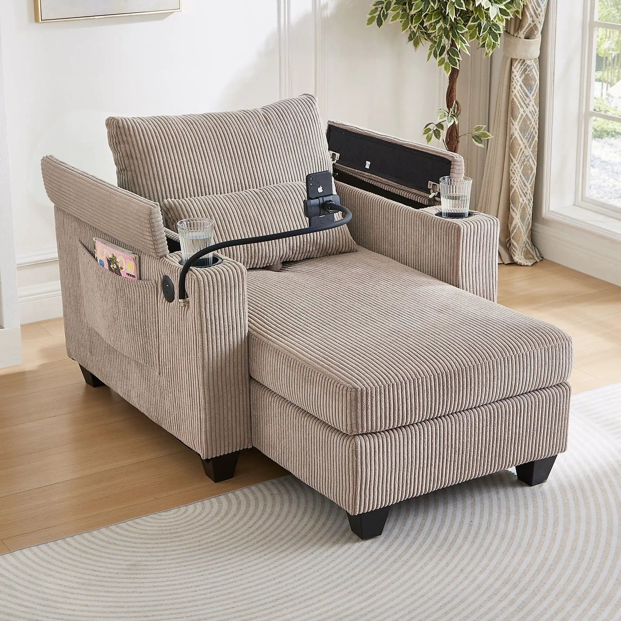 Convertible Chaise Lounge Sofa Chair With USB Ports, Cup Holders, Phone Holder And Storage by Unique Piece Furniture