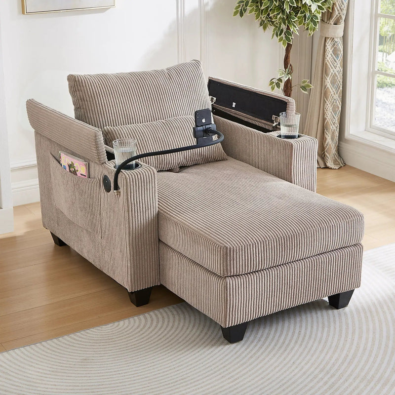 Convertible Chaise Lounge Sofa Chair With USB Ports, Cup Holders, Phone Holder And Storage by HouseOfZazla