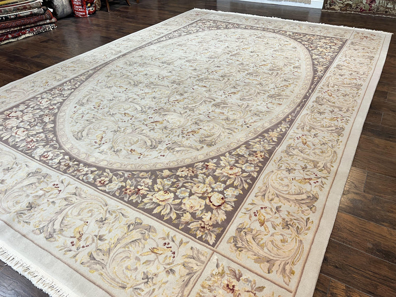 Aubusson Rug 10x14, Wool & Silk Highlights Hand Knotted Vintage Carpet, Birds Flowers, Fine Details, Elegant by Jewel Rugs
