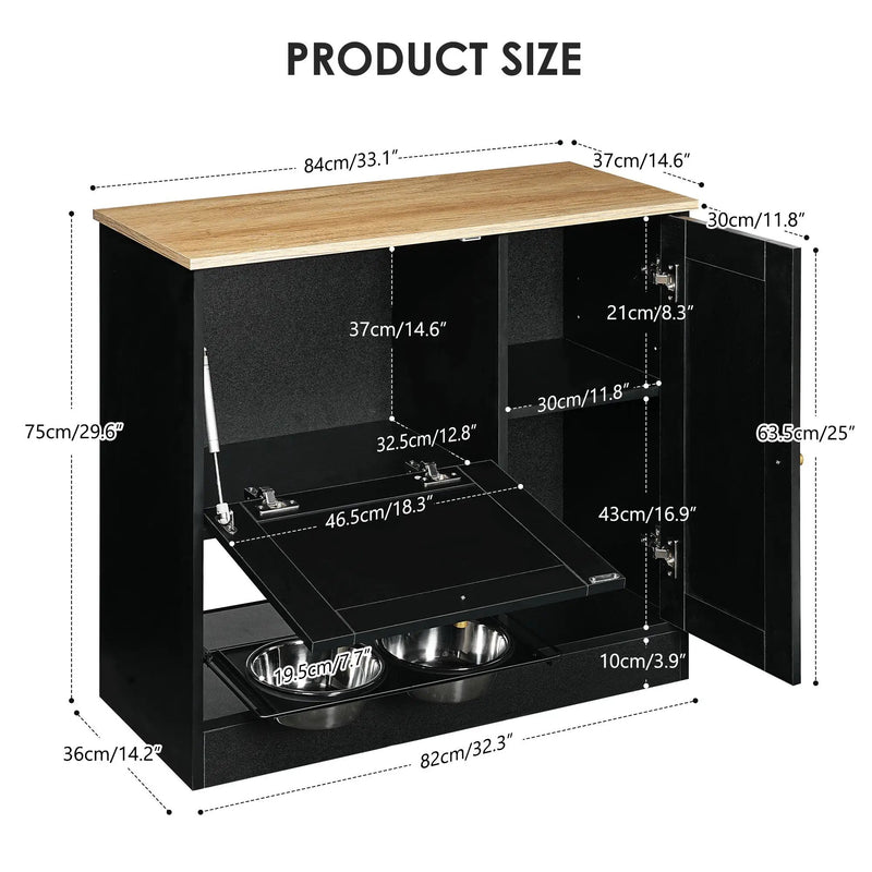 Feeding Station with 2 Lockers and Elevated Bowls Black by HouseOfZazla