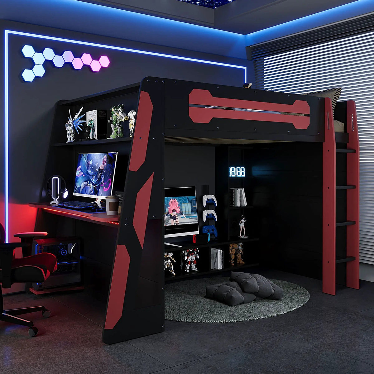 Full Size Wood Loft Bed with Desk, Multi-storage Shelves and RGB Light, photo 4 of 10