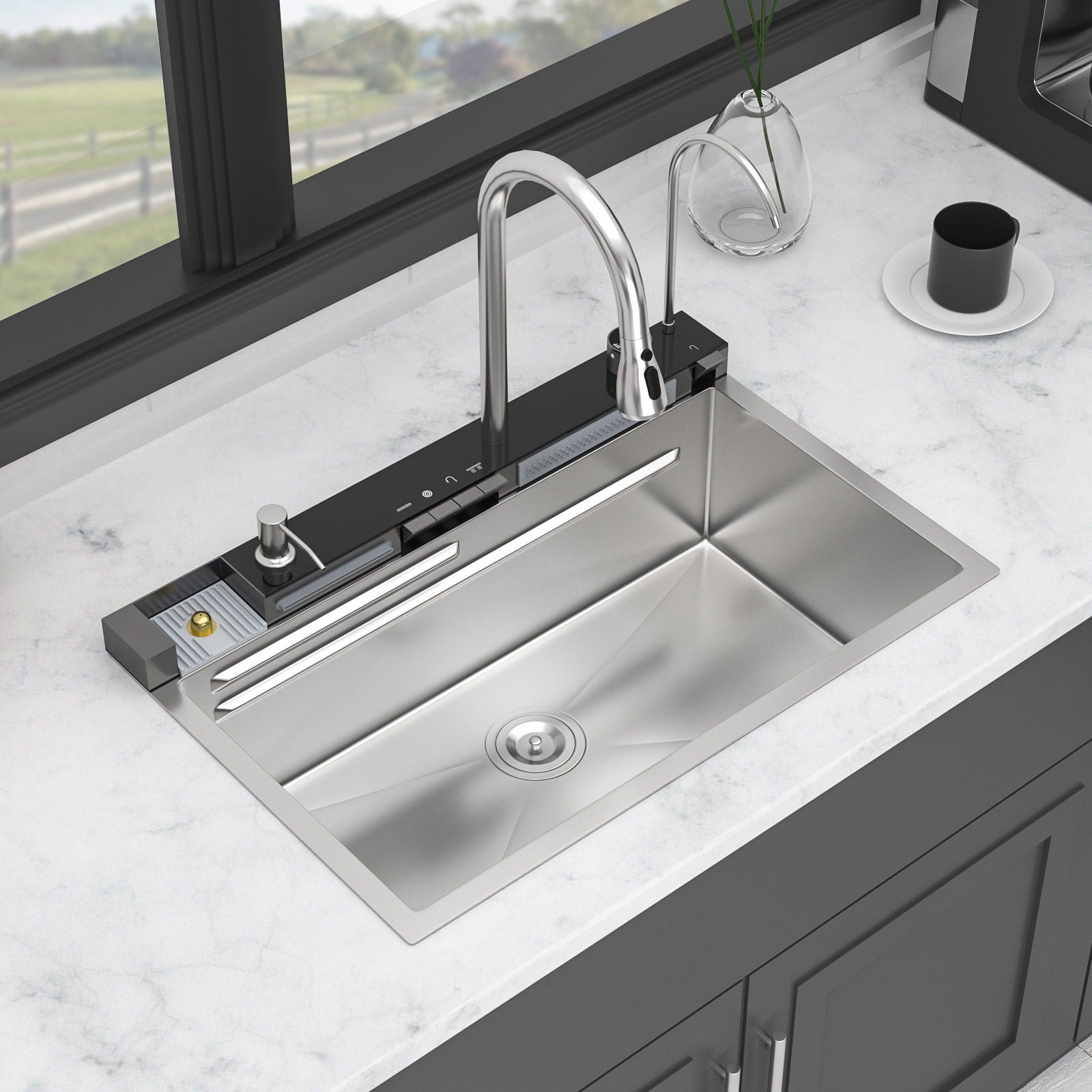 Kitchen Waterfall Sink Single Bowl With LED Faucet, Ledge Workstation, And Multi Function Pull Out Spray - Brushed Nickel by HouseOfZazla