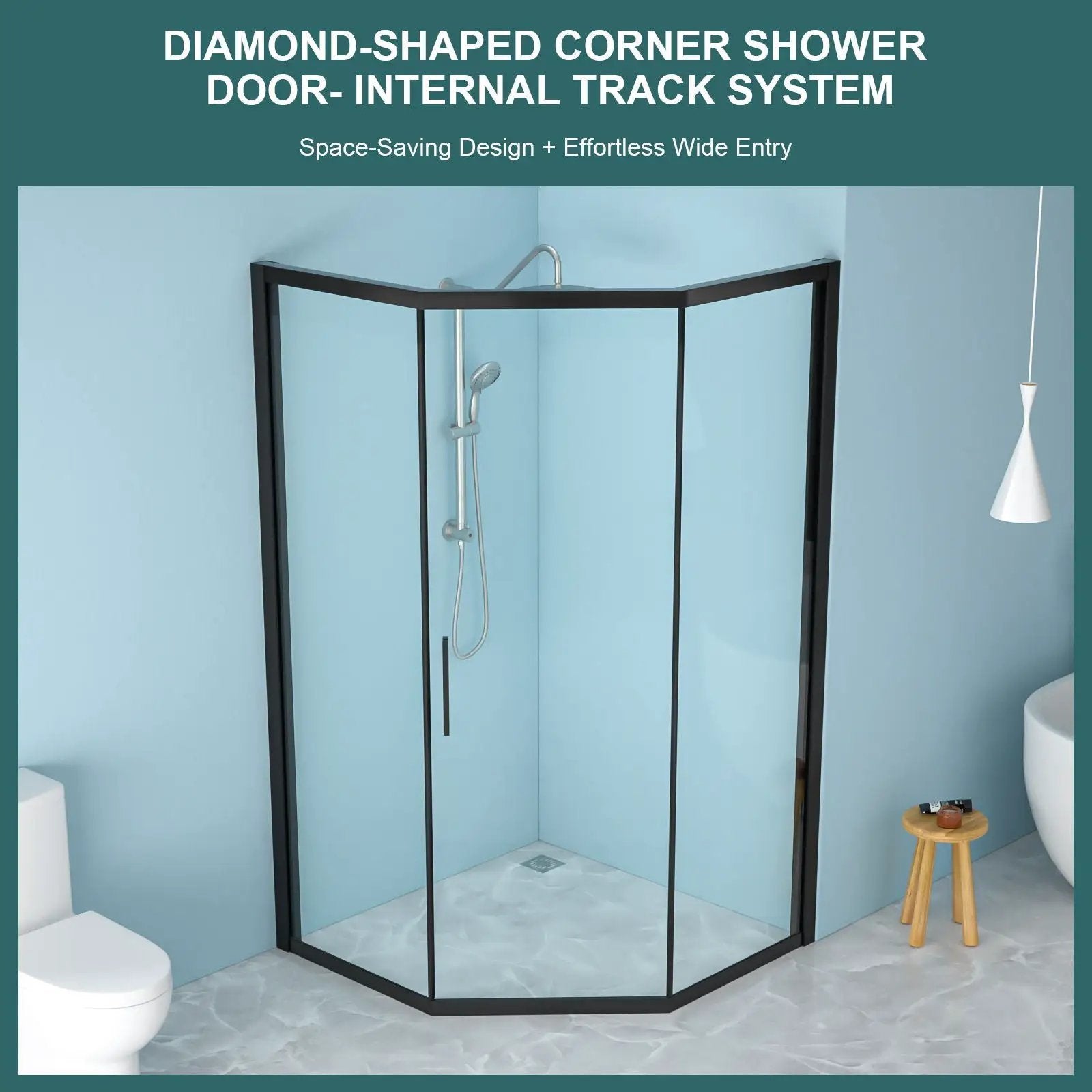 Diamond Shaped Corner Shower Door, Inward Sliding, Stainless Steel Frame by HouseOfZazla