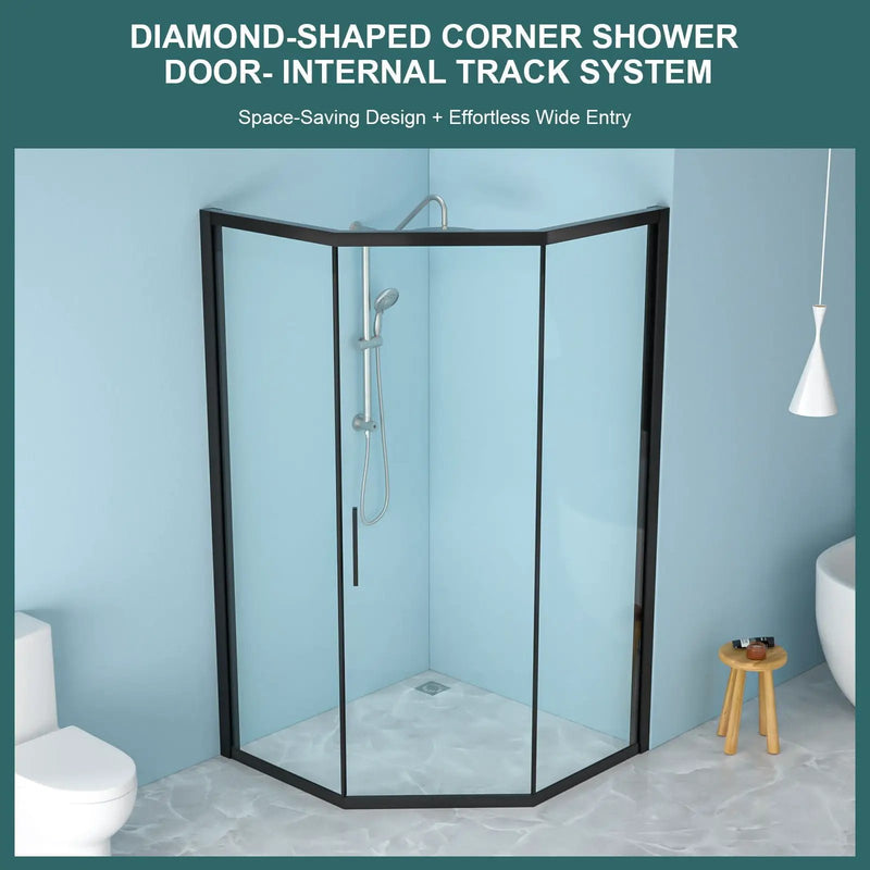 Diamond Shaped Corner Shower Door, Inward Sliding, Stainless Steel Frame by HouseOfZazla