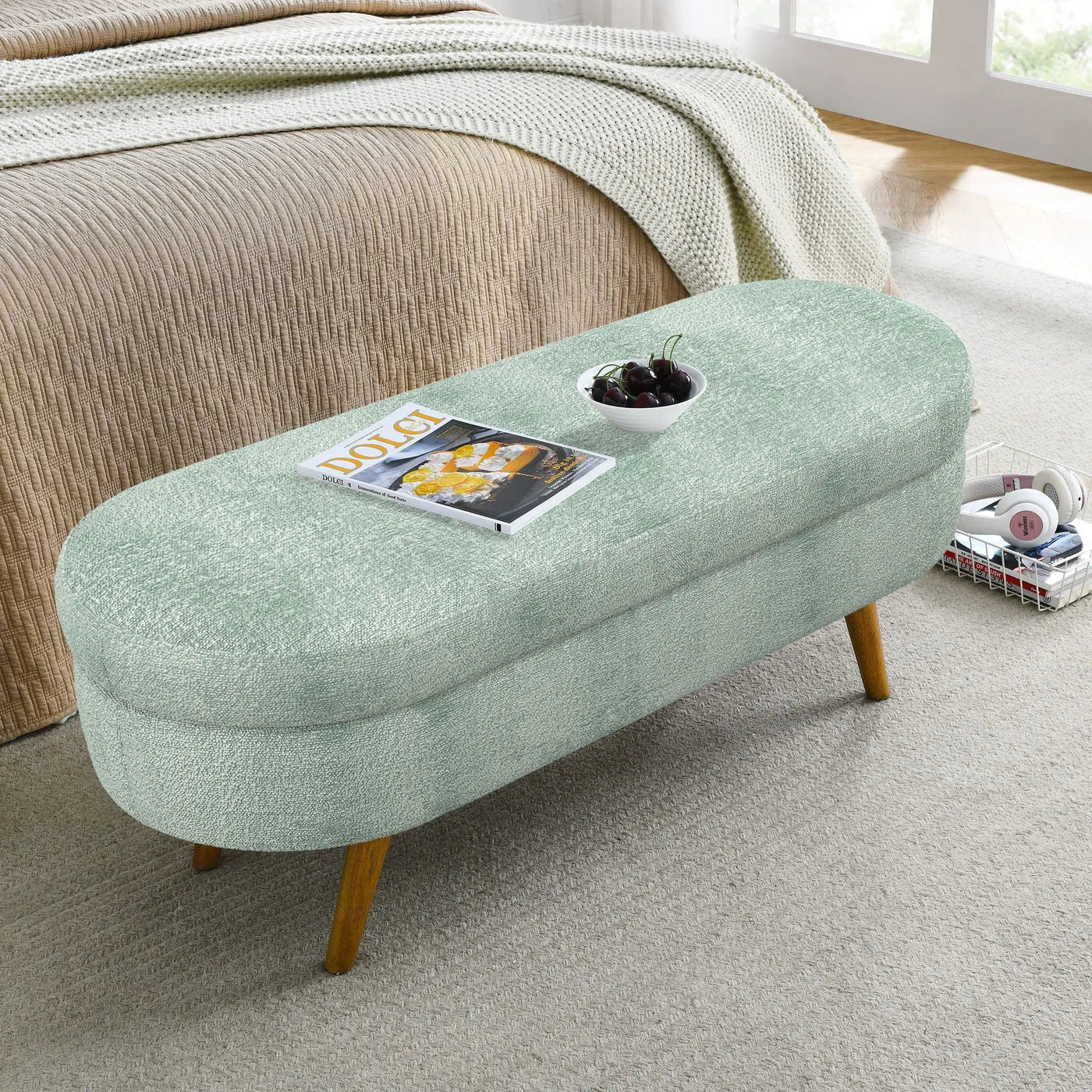 Modern Ottoman Oval Storage Bench With Rubber Wood Legs by Unique Piece Furniture