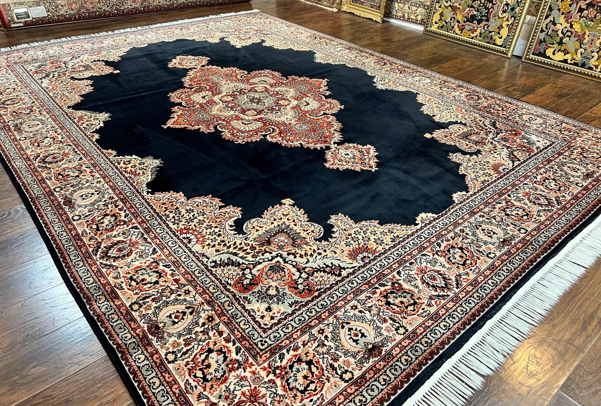 Karastan Rug 10x13, Karastan Ebony Kirman Rug, Room SIzed Wool Pile Vintage Karastan Carpet, Belgium Power Loomed Rug, Black Semi Open Field by Jewel Rugs