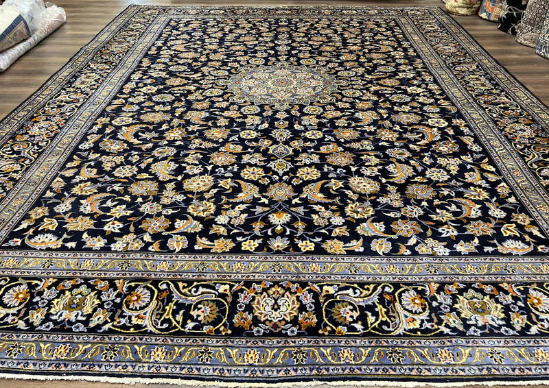 Wonderful Navy Blue Persian Kashan Rug 11x13, Allover Floral Design with Central Medallion, Wool Hand-Knotted Antique Carpet, Signed Rabani Rug by Jewel Rugs