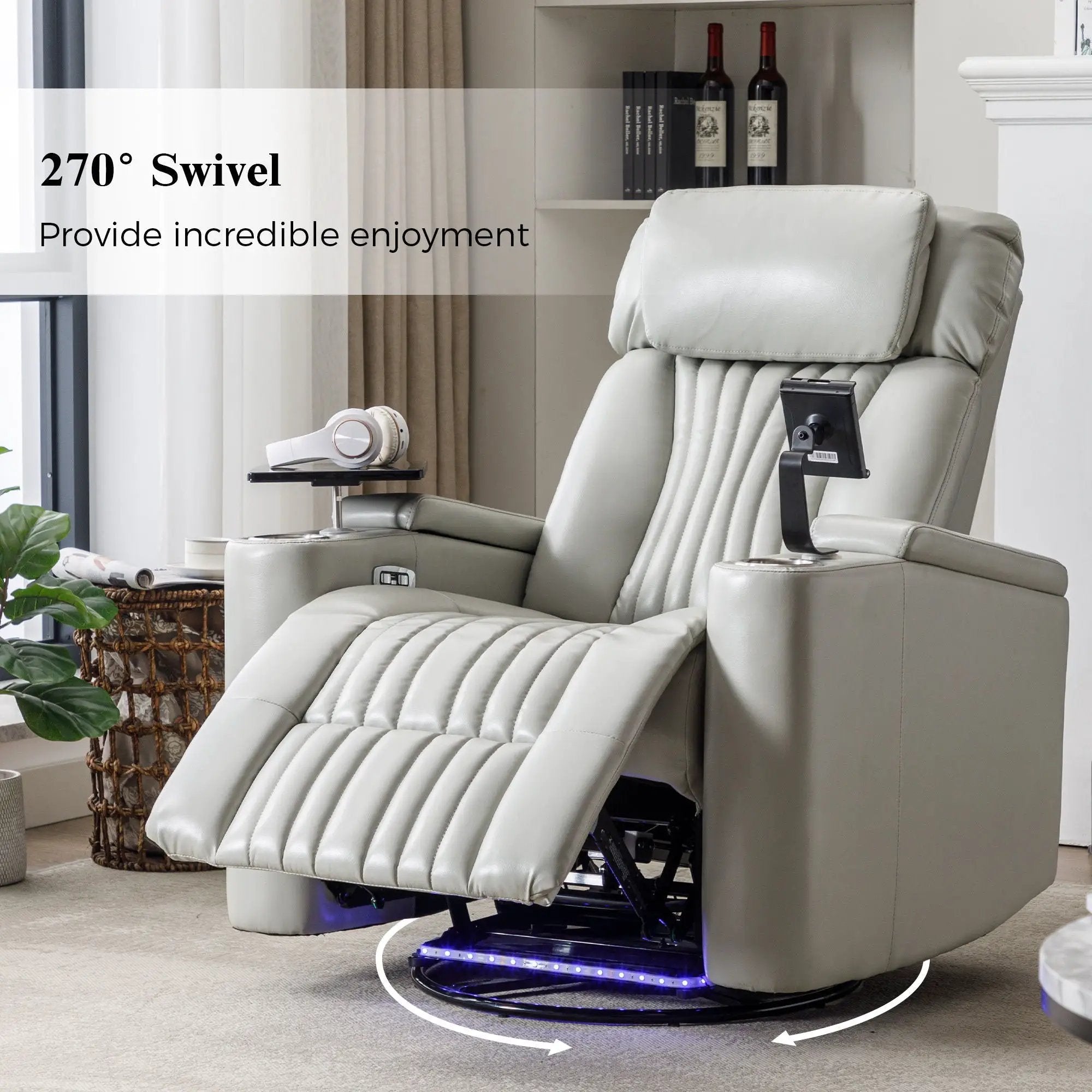 270° Power Swivel Recliner Home Theater Chair With Hidden Arm Storage, LED Light, Cup Holder, And Tray Table by Unique Piece Furniture