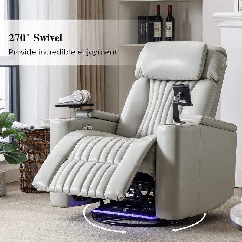 270° Power Swivel Recliner Home Theater Chair With Hidden Arm Storage, LED Light, Cup Holder, And Tray Table by HouseOfZazla