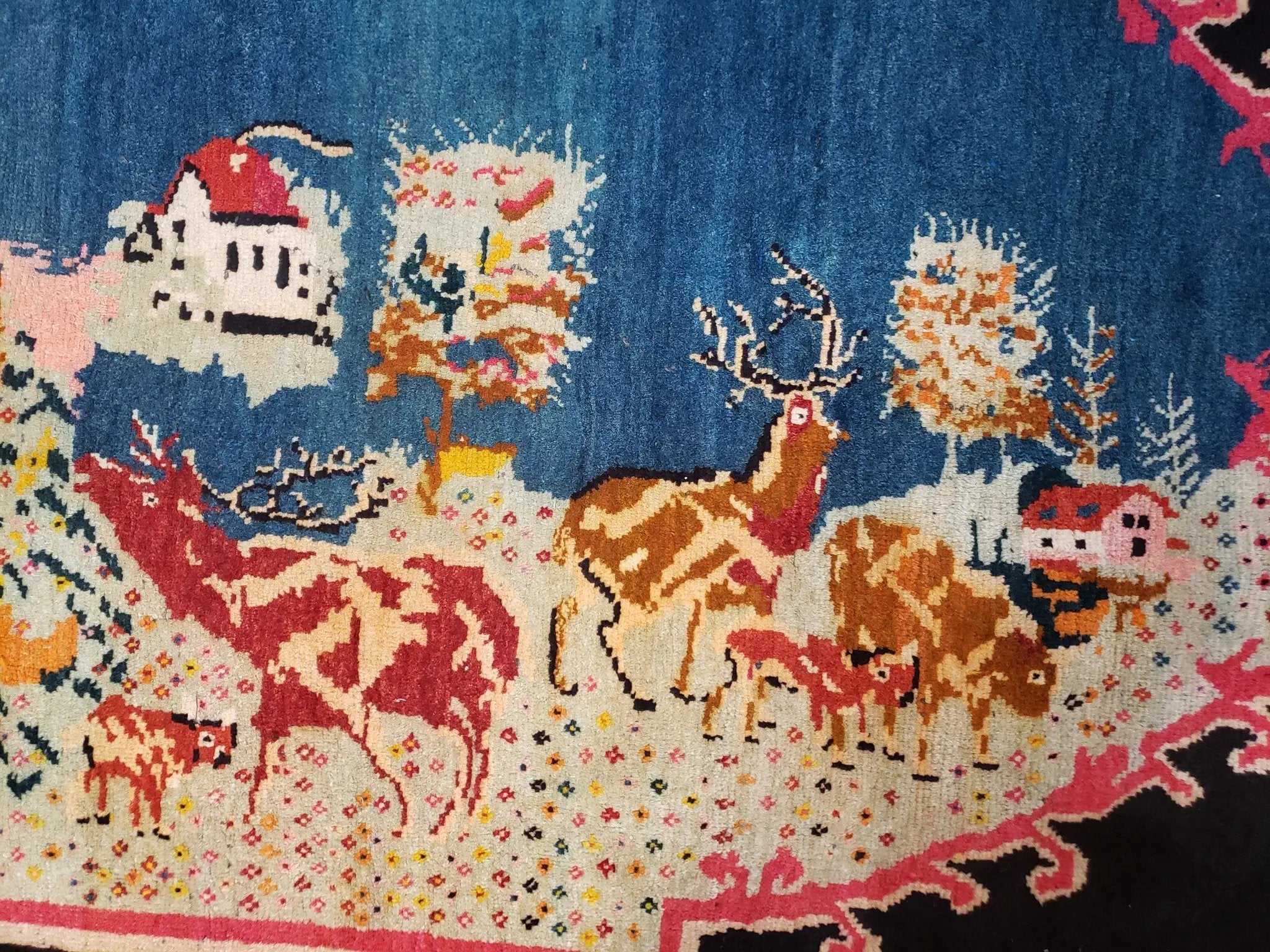 Antique Persian Pictorial Rug 4'6" x 9', Wool Hand-Knotted Blue Roses Karabagh Caucasian Carpet, 1920s Girl Deer Tapestry Wall Hanging Rug by Jewel Rugs