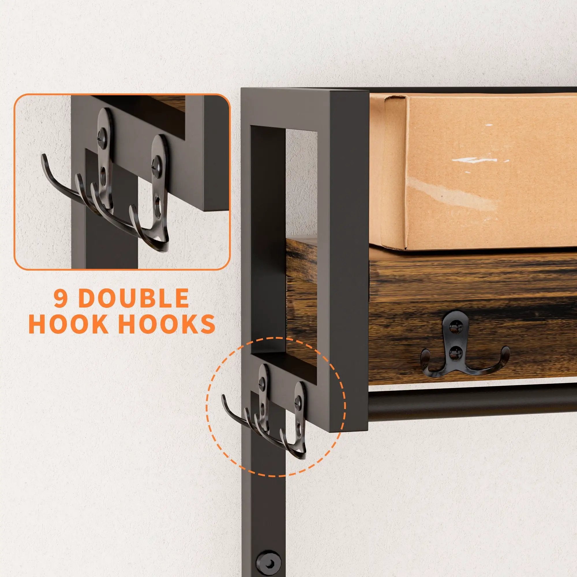 Hall Tree With 2 Movable Drawers, Shoe Storage, Shelves, Garment Racks, And 23 Hooks For Entryway - Rustic Brown by HouseOfZazla