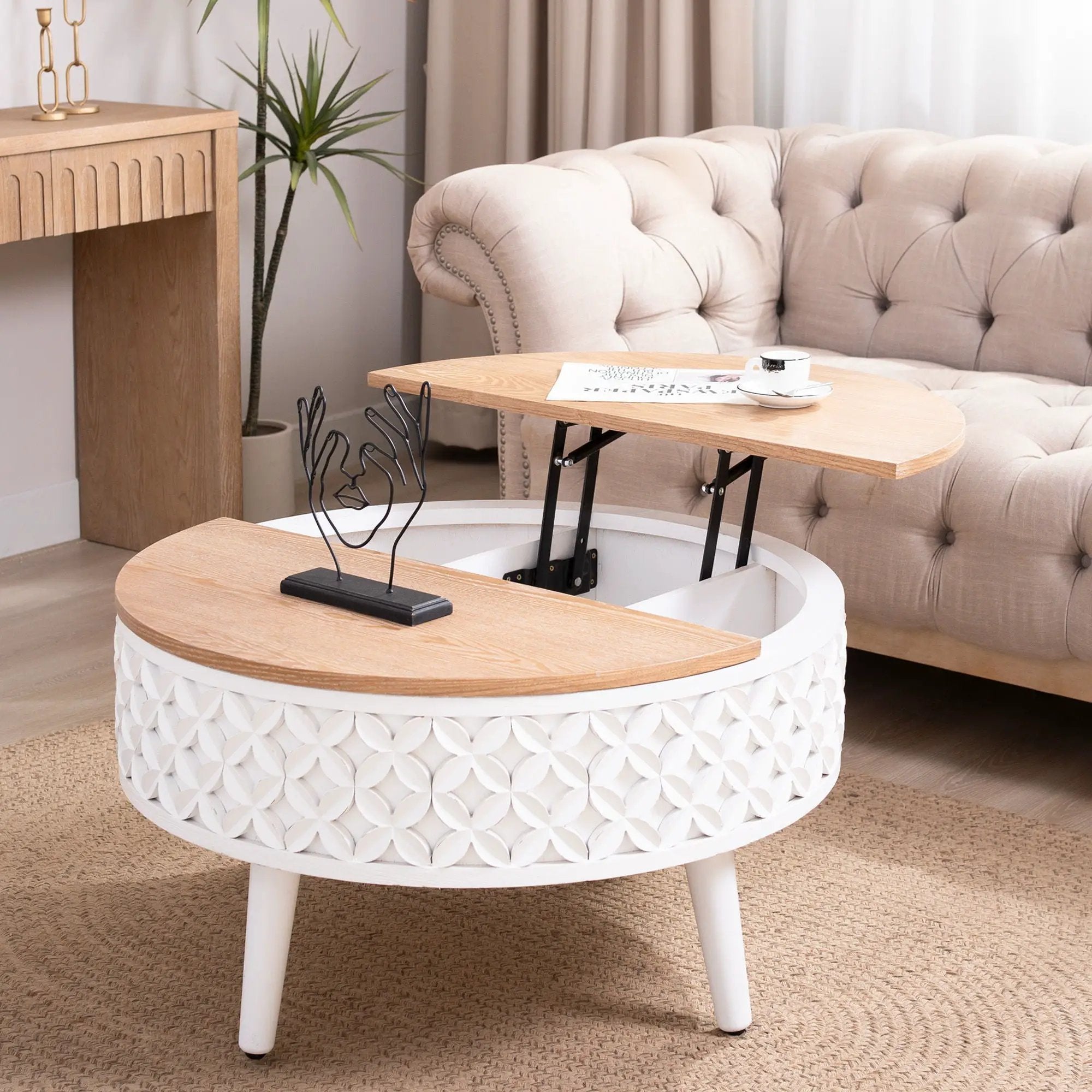 Round Coffee Table With Storage - White / Light Oak by Unique Piece Furniture