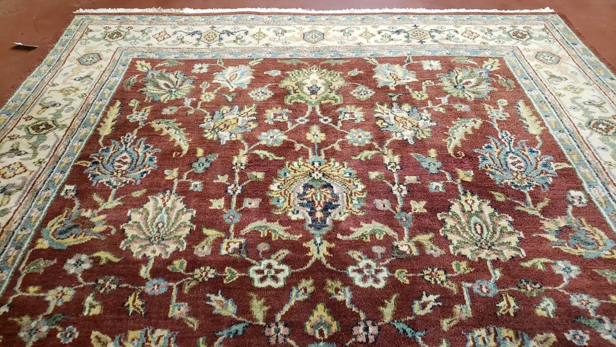 8x12 Indo-Mahal Rug, Floral Allover, Red & Beige, Wool Vintage Handmade Traditional Carpet by Jewel Rugs