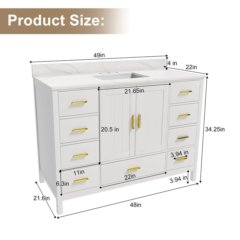 48" Modern Solid Wood Bathroom Vanity with Sink, 49" Carrara by HouseOfZazla