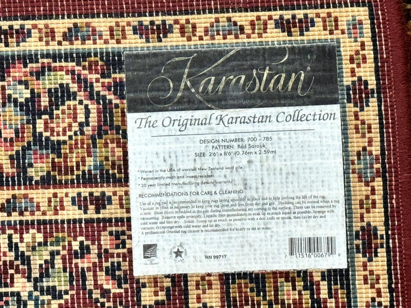 Karastan Runner Rug 2.6 x 8.6, Red Sarouk #785, Original 700 Series, Wool Karastan Runner Rug, Rare by Jewel Rugs