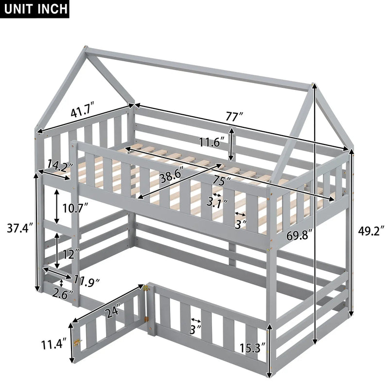 Twin Over Twin House Bunk Bed With Fence And Door by HouseOfZazla