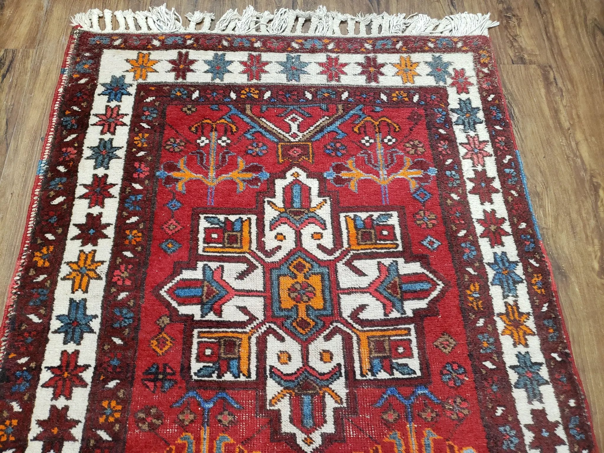 Antique Persian Heriz Karajeh Runner Rug 3x11, Hand-Knotted Red Geometric Medallions by Jewel Rugs