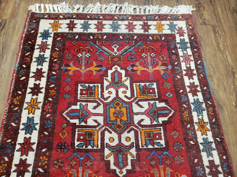 Antique Persian Heriz Karajeh Runner Rug 3x11, Hand-Knotted Red Geometric Medallions by Jewel Rugs