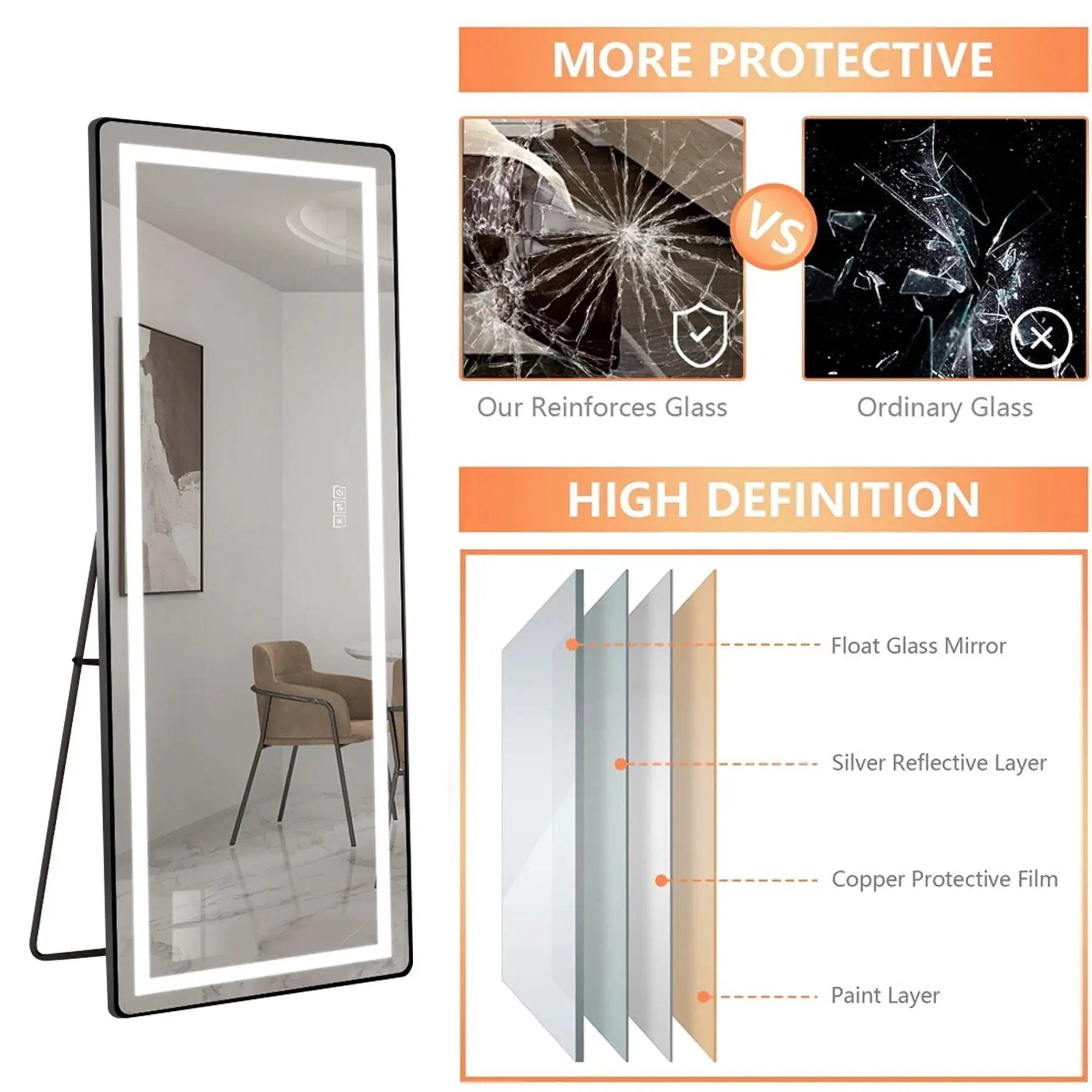 Full-Length Vertical Mirror With LED Light, Dimming Wall Mirror With Frame by HouseOfZazla