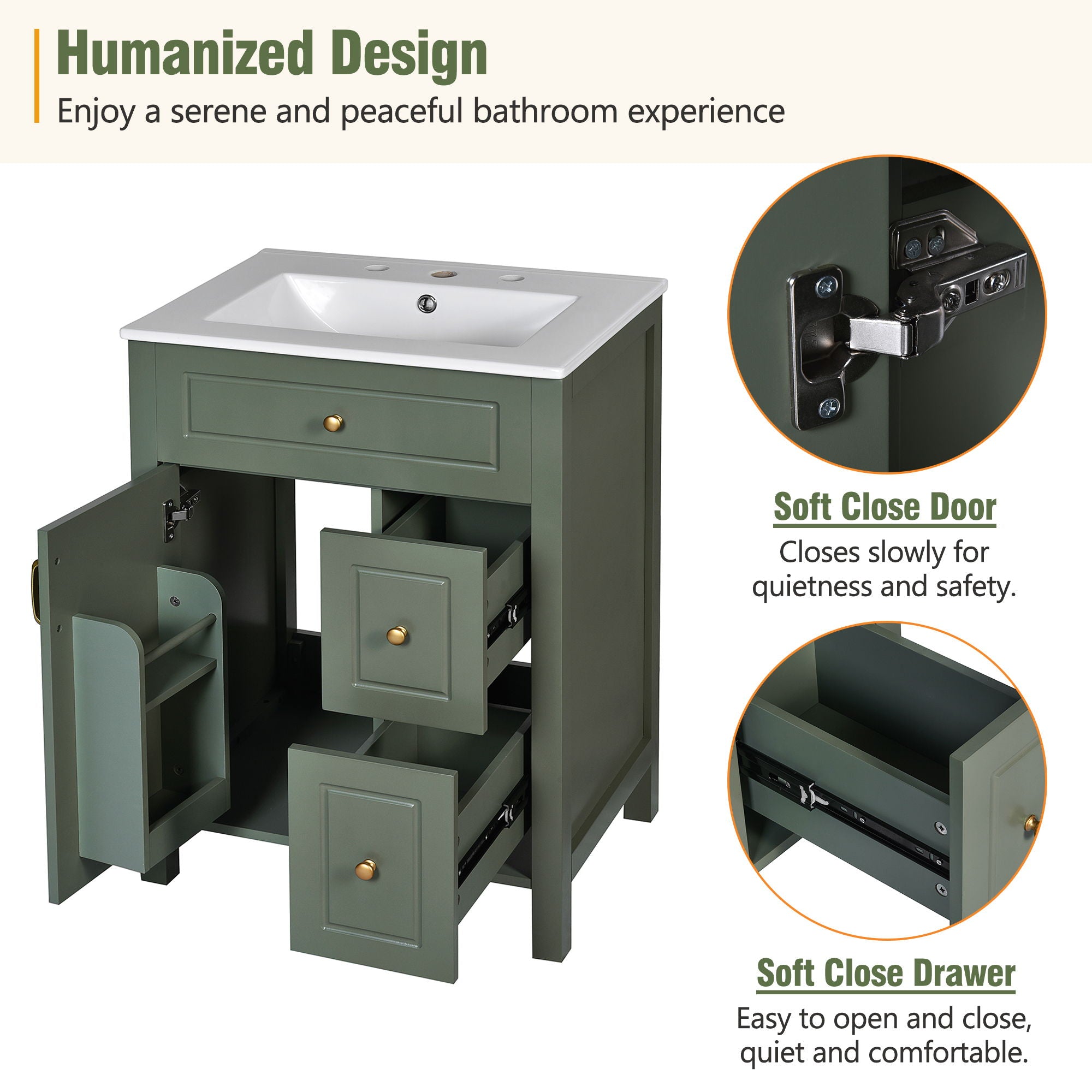 Elegant Bathroom Vanity With Ceramic Sink, Soft Close Doors And Drawers, Double Storage Racks by HouseOfZazla