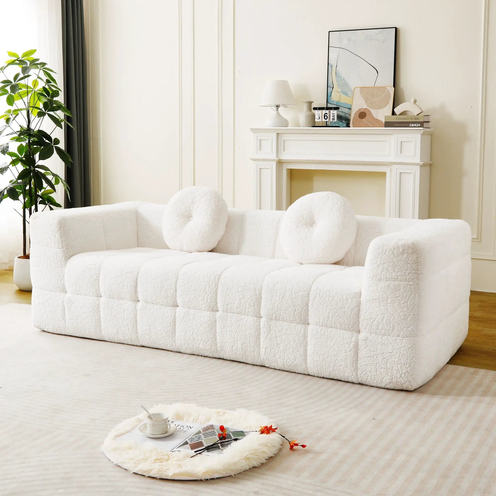 Boneless 3 Seater Sofa With Circular Throw Pillows - Beige by HouseOfZazla