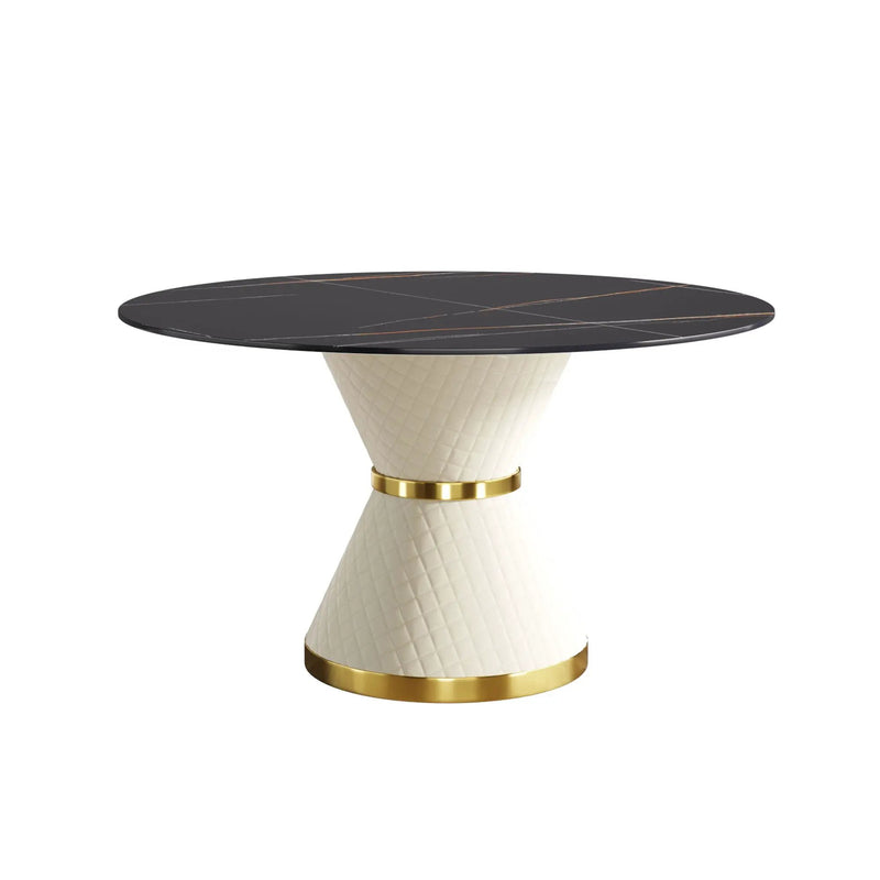 53.15" Modern Artificial Stone Round Carbon Steel Base Dining Table, Can Accommodate 6 People - Black / White by HouseOfZazla