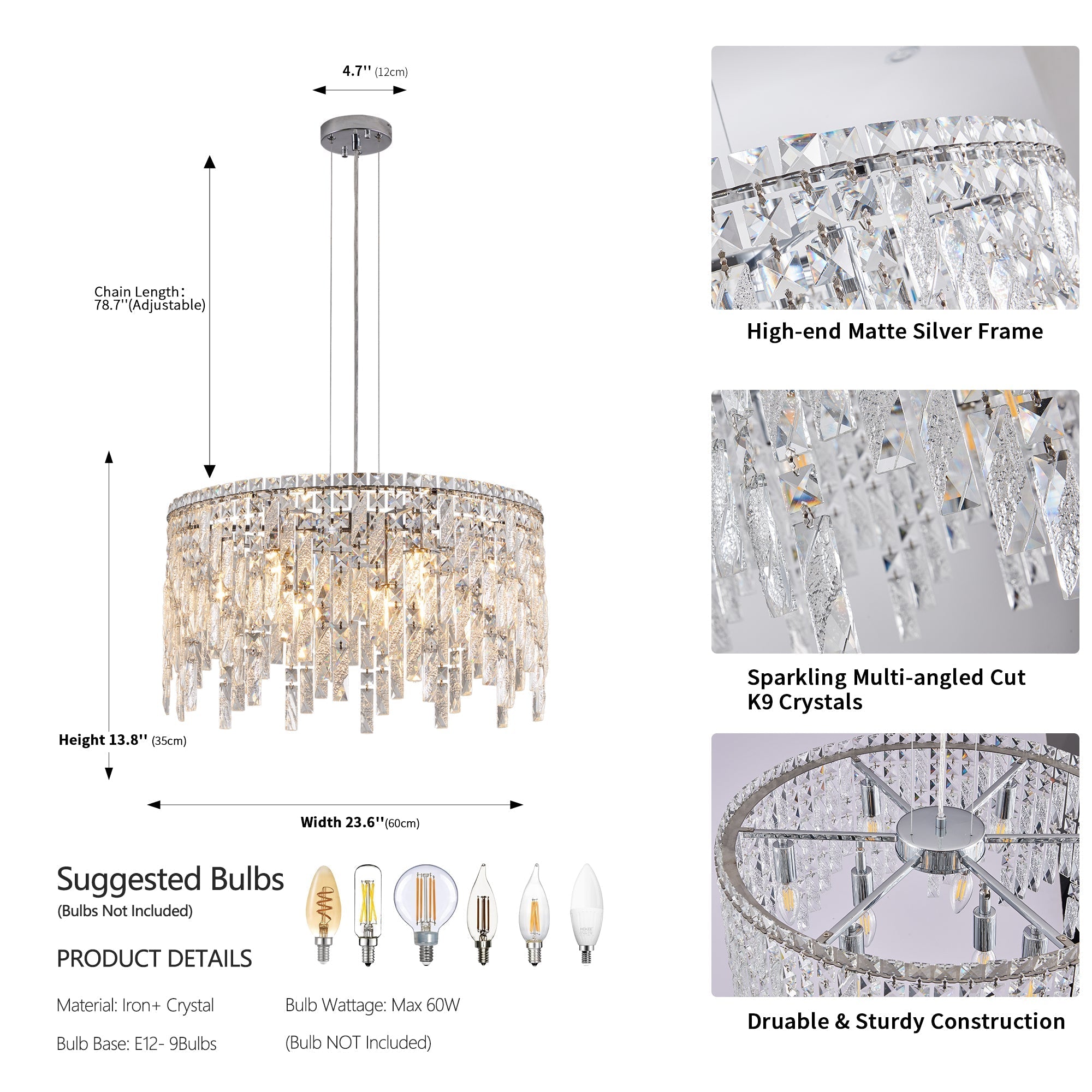 24" Luxurious Round Silver Crystal Chandelier by HouseOfZazla