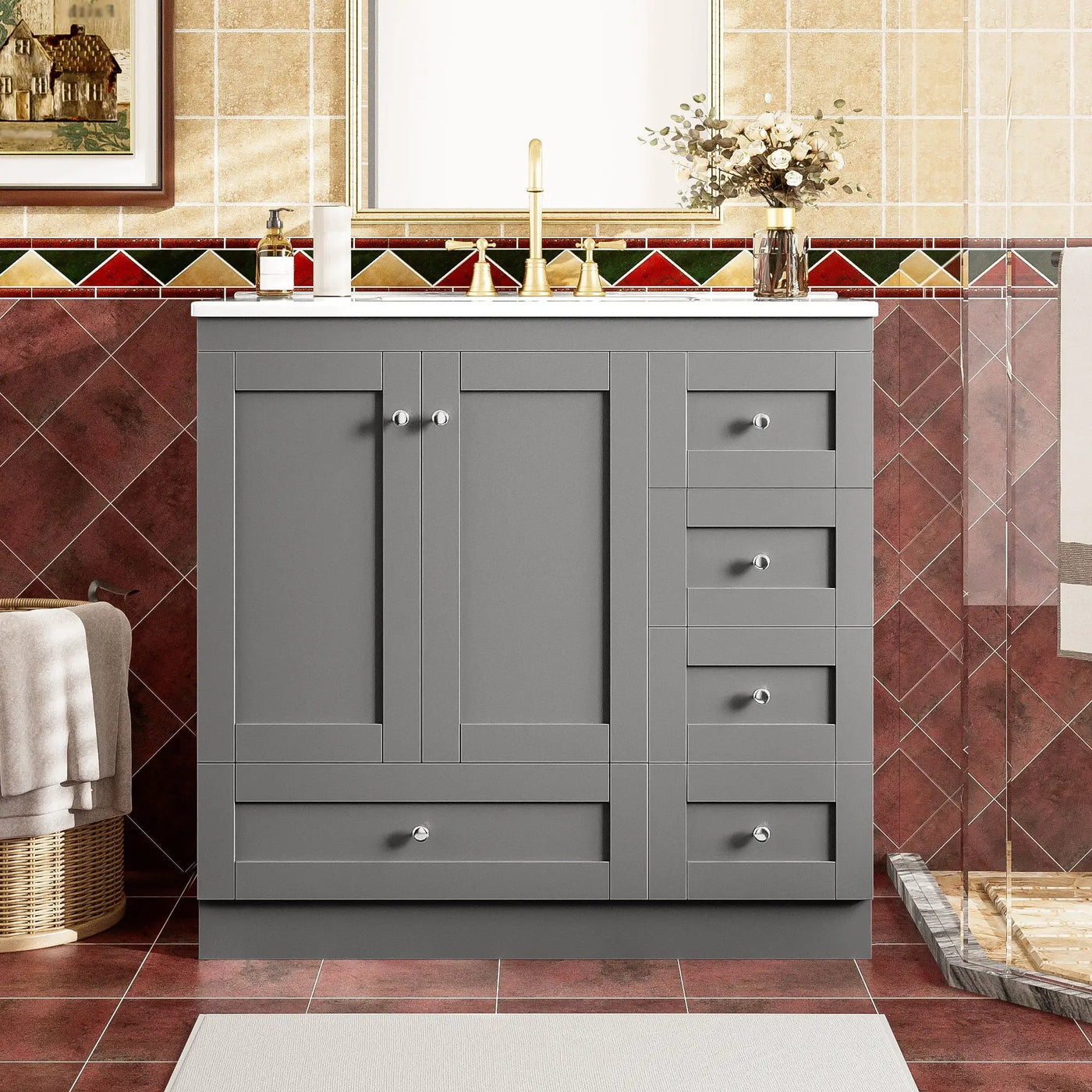 Shaker Free Standing Bathroom Vanity Cabinet & Sink, Soft Close Drawers, Soft Close Doors by Unique Piece Furniture