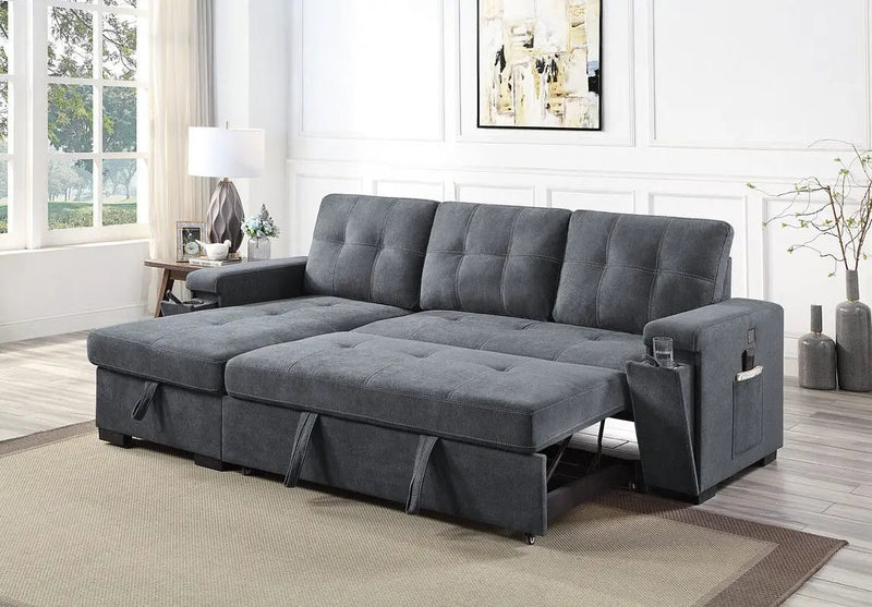 Toby - Woven Fabric Reversible Sleeper Sectional Sofa With Storage Chaise Cup Holder Charging Ports And Pockets by HouseOfZazla