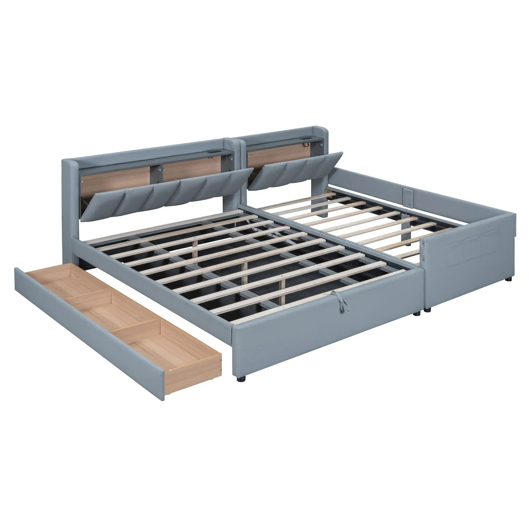 Upholstered Mother & Child Bed With Hydraulic Storage System, Drawer Box, Bedhead Storage Shelf And 2 Pairs Of Sockets & USB Ports by Unique Piece Furniture