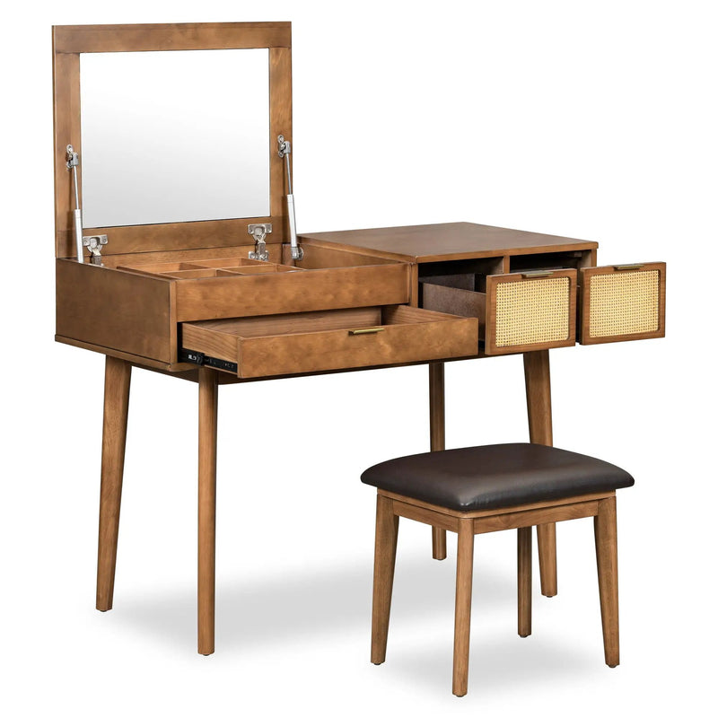 Classic Wood Makeup Vanity Set With Flip-Top Mirror And Stool, Dressing Table With Three Drawers And Storage Space by Unique Piece Furniture