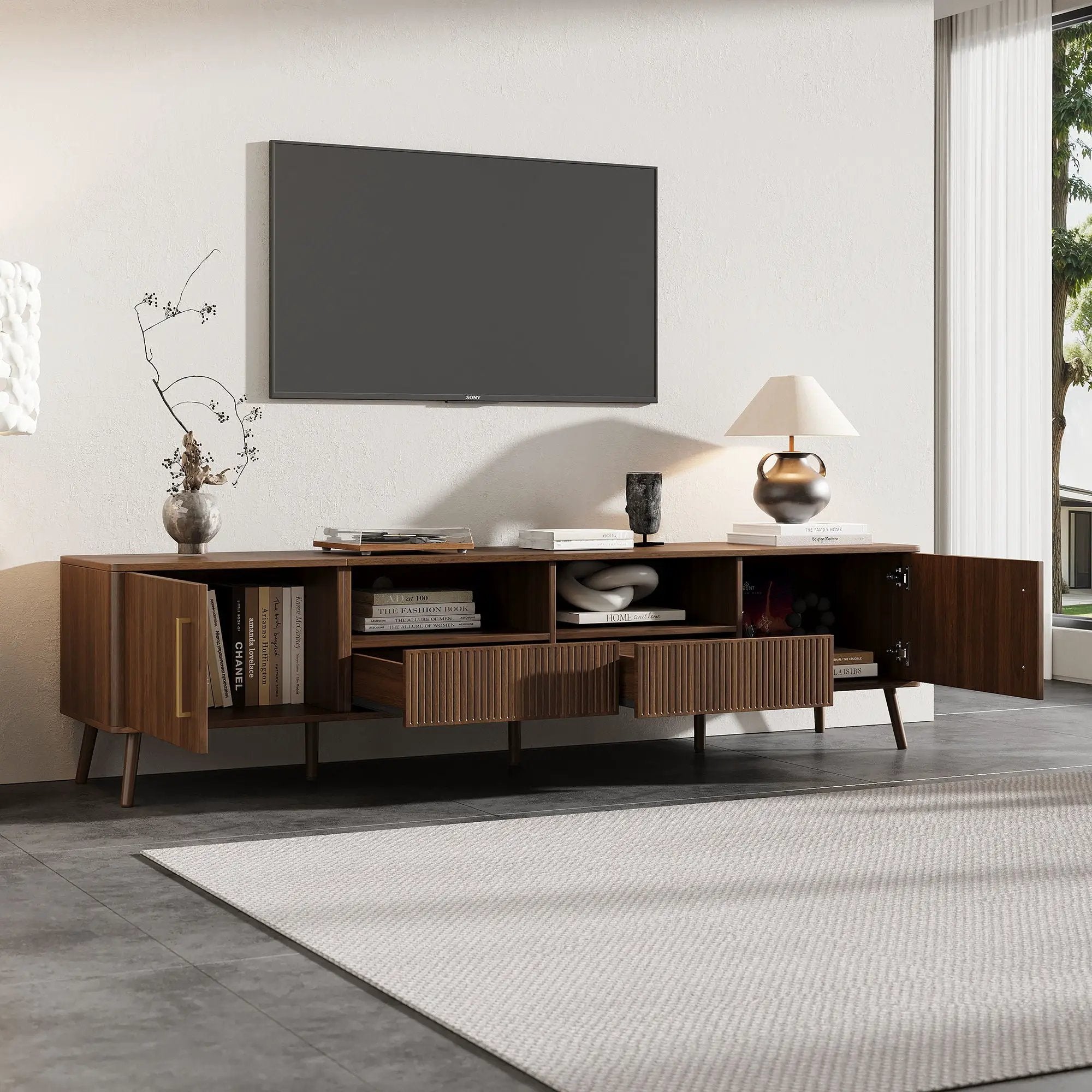 TV Stand For TVs Up To 85" With Soft-Close Doors, Open Shelf, Cable Management - Walnut by HouseOfZazla