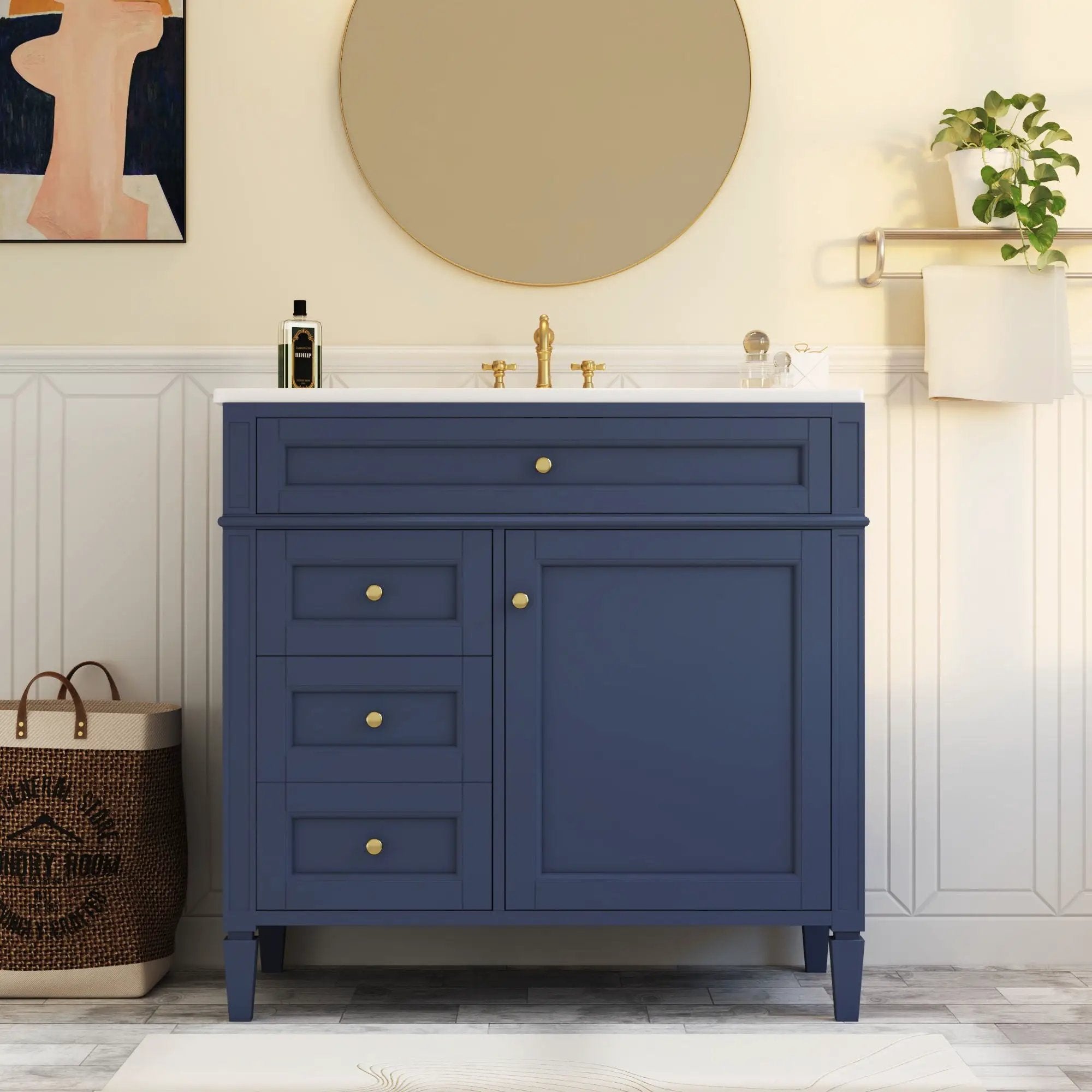 Bathroom Vanity With Top Sink, Modern Bathroom Storage Cabinet, 2 Drawers And A Tip-Out Drawer, Single Sink Bathroom Vanity - Blue by Unique Piece Furniture