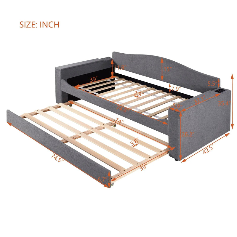 Upholstered Daybed With Storage Armrests, Trundle And Latest Integrated tooth Audio System by HouseOfZazla