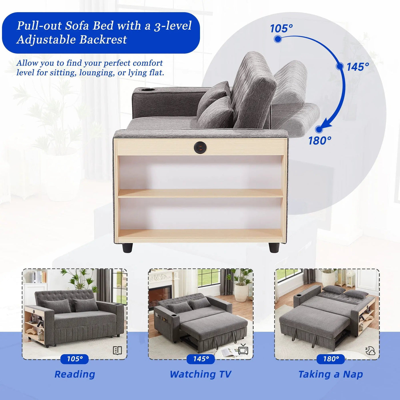 Pull-Out Sofa Bed Convertible Couch With Adjustable Backrest For Living Room by Unique Piece Furniture