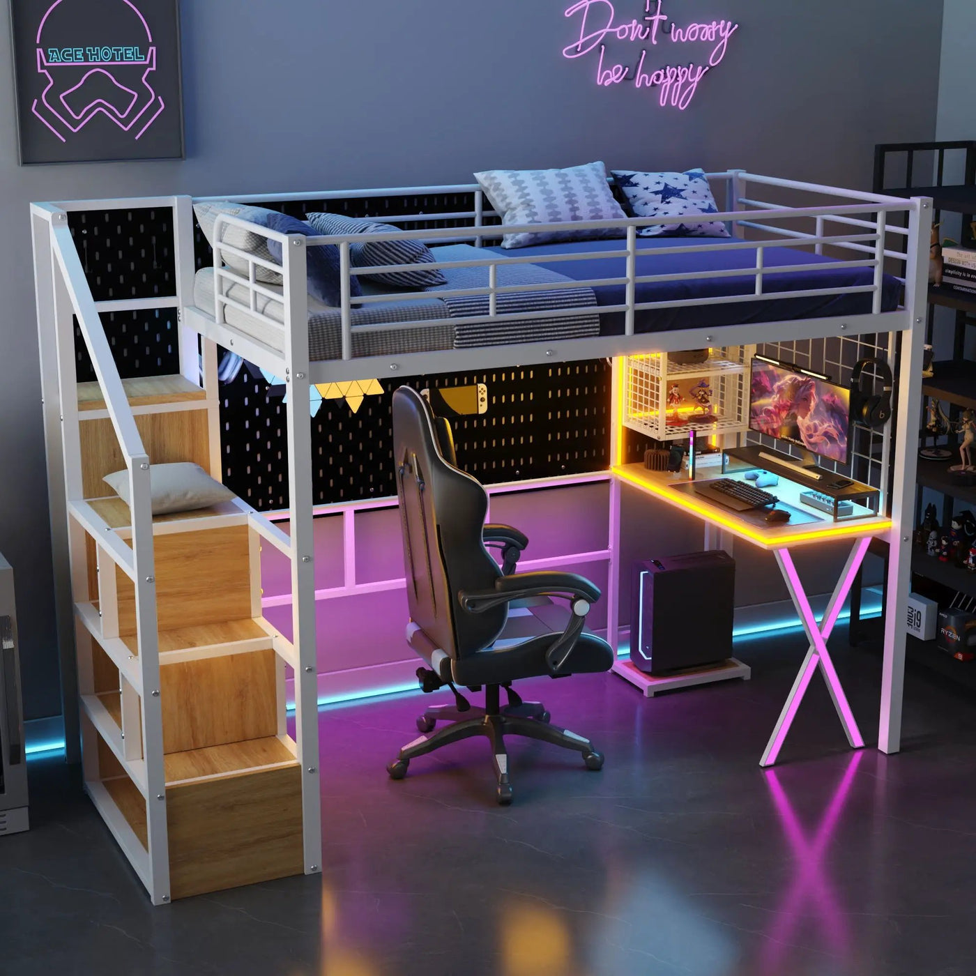 Loft Bed With Built In Work Station, Wardrobe, Storage Staircase And LED by HouseOfZazla