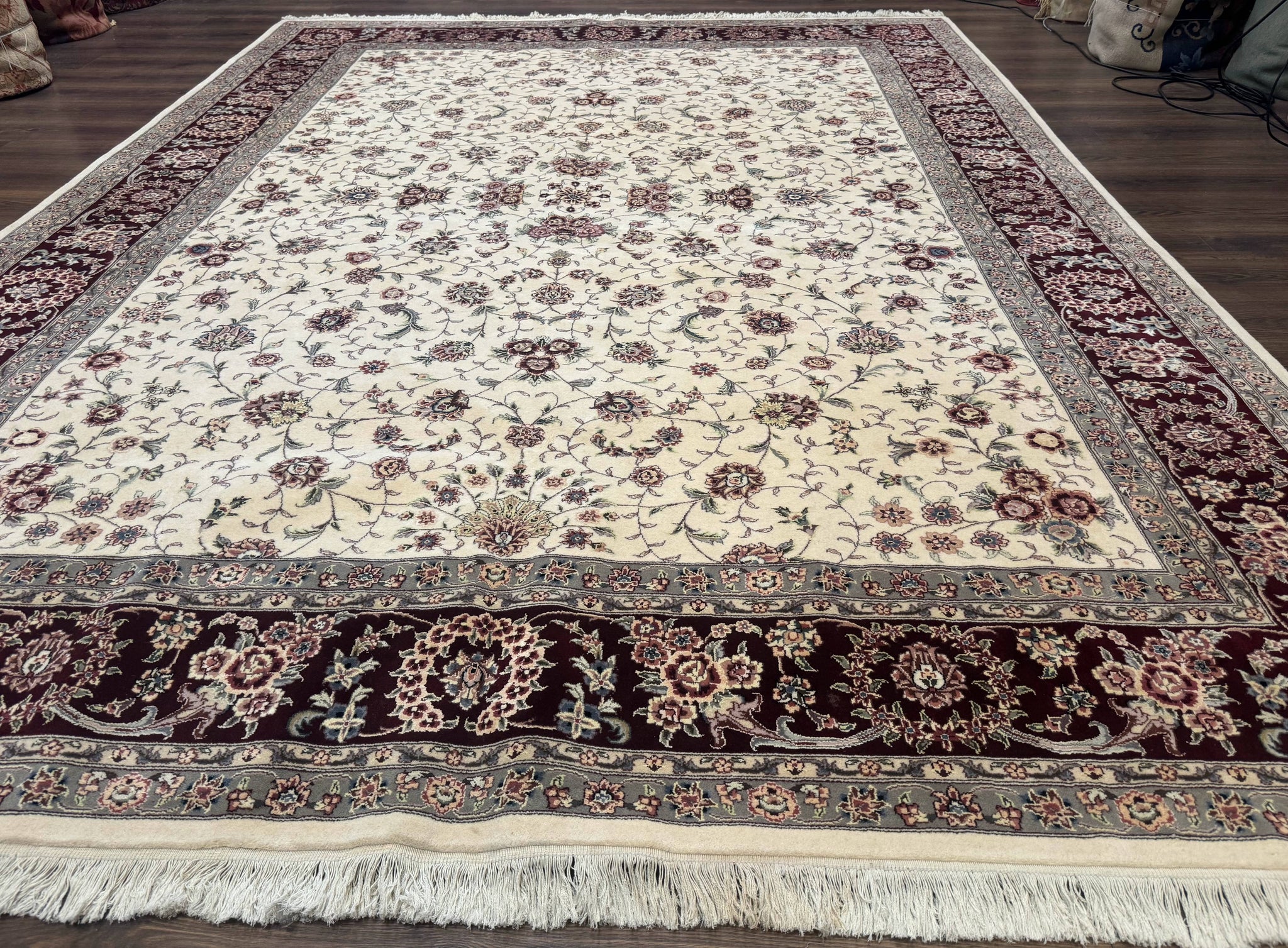 Sino Persian Rug 9x12, Floral Allover Design, 170 KPSI, Ivory and Dark Maroon by Jewel Rugs