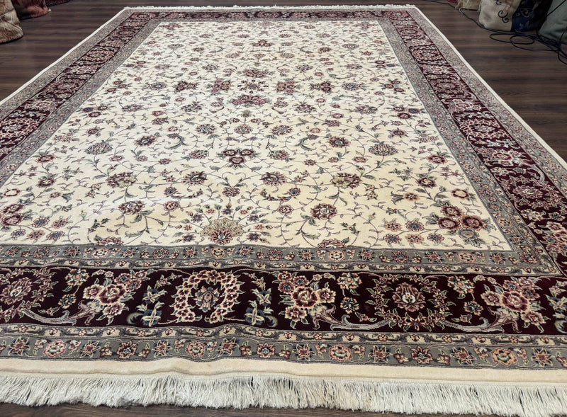 Sino Persian Rug 9x12, Floral Allover Design, 170 KPSI, Ivory and Dark Maroon by Jewel Rugs